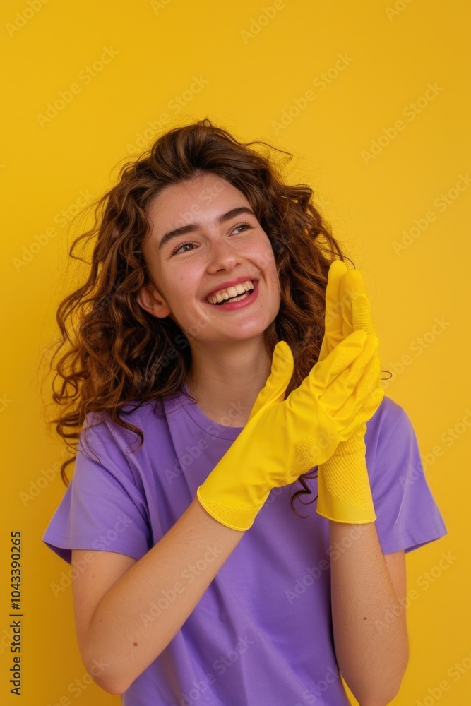 A person wearing a purple shirt and yellow gloves, possibly for work or a specific task A person wearing a purple shirt and yellow gloves, possibly for work or a specific task