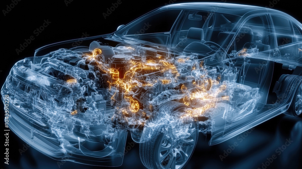 X ray image of car engine showing mechanical breakdown in detail X ray image of car engine showing mechanical breakdown in detail