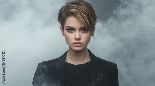 Short-haired female model in black t-shirt and blazer surrounded by fog with a tough demeanor