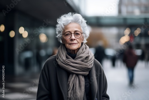 Portrait of a senior woman with gray hair and glasses in the city