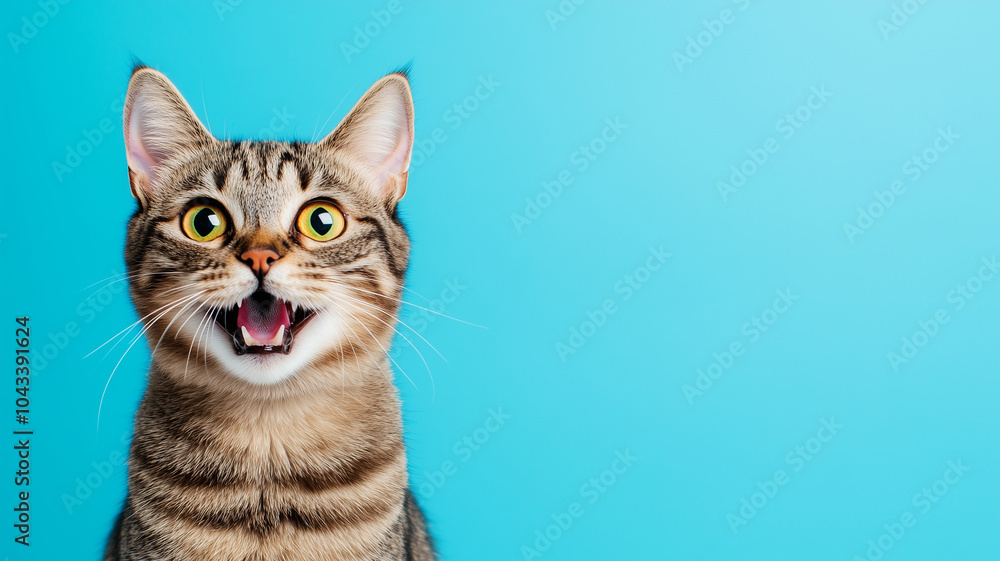 Obraz premium Portrait of a happy and excited cat with yellow eyes on isolated blue background