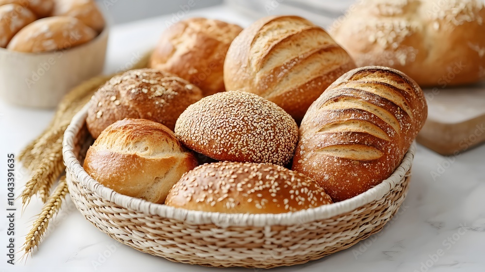 Artisanal bread assortment in wicker basket on marble countertop. Various freshly baked loaves with wheat stalks, warm lighting enhancing textures and colors. Artisanal bread assortment in wicker basket on marble countertop. Various freshly baked loaves with wheat stalks, warm lighting enhancing textures and colors.
