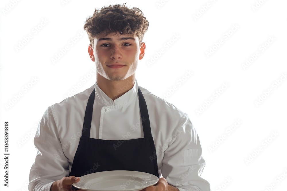 A person wearing an apron holds a plate, great for food and cooking scenes A person wearing an apron holds a plate, great for food and cooking scenes