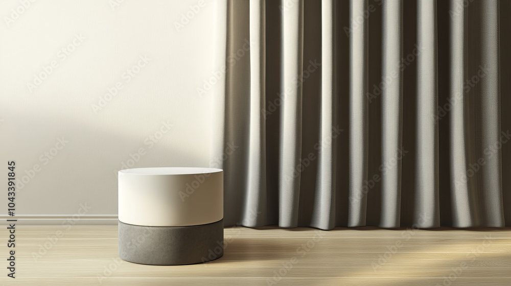 A simple, 3D room with a white and gray cylindrical podium. There's a curtain behind it and a blank wall for displaying products. It's a clean, modern scene perfect for showcasing something special. A simple, 3D room with a white and gray cylindrical podium. There's a curtain behind it and a blank wall for displaying products. It's a clean, modern scene perfect for showcasing something special.