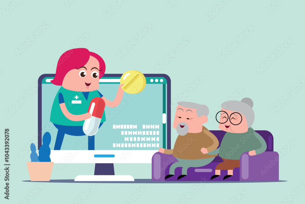 emotion cute vector, illustration flat cartoom character man , nurse and doctor show explain media on line how take care good for healthy.