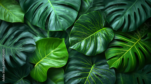 Wallpaper Mural Tropical Leaf Seamless Pattern. Line Art Style. with green background Torontodigital.ca