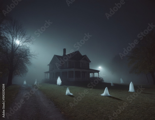 Una vecchia casa vittoriana sorge minacciosa nel buio, con ombre inquietanti che si allungano sui muri e alberi spogli attorno. photo