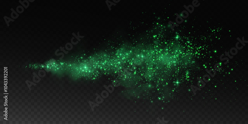Fantastic smoke background. Magic smoke with glitter and small particles of twinkling stars, fog with glowing particles, green vapour with stardust. Vector illustration.	