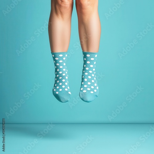Feet in polka dot socks jumping against a vibrant turquoise background.