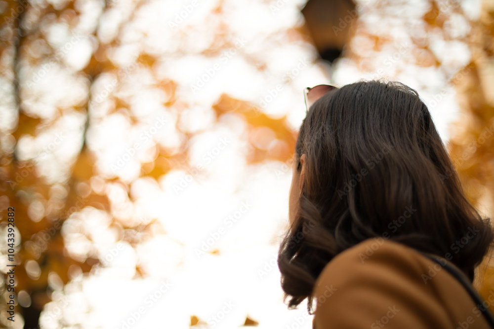 A woman with dark hair, seen from behind, gazes upward at blurred autumn foliage and a vintage street lamp. The warm, soft-focus scene creates a peaceful, introspective moment in an outdoor setting.