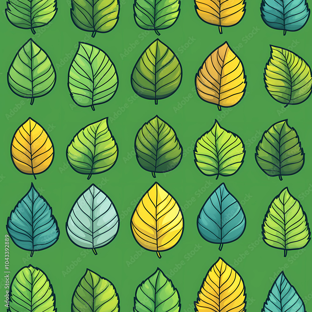 Obraz premium Tropical Leaf Seamless Pattern. Line Art Style. with green background