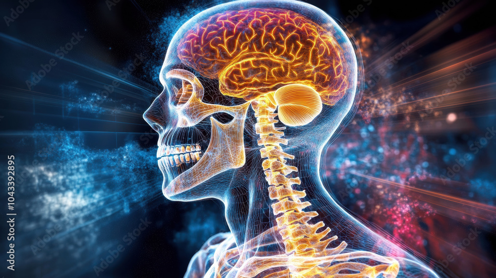 Fototapeta premium X ray view of human skeleton with vibrant colors showcasing brain and spine