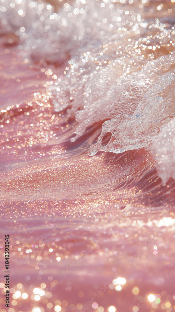 Obraz premium Crystal-clear, pink water, with pink-gold glitter floating on the surface of sparkling waves. Sparkling, golden light reflections, light tones, and crystal clarity, captured through macro photography