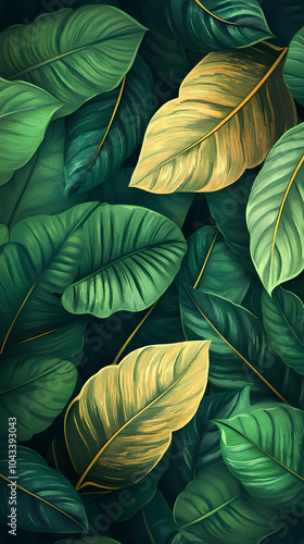 Wallpaper Mural Tropical Leaf Seamless Pattern. Line Art Style. with green background Torontodigital.ca