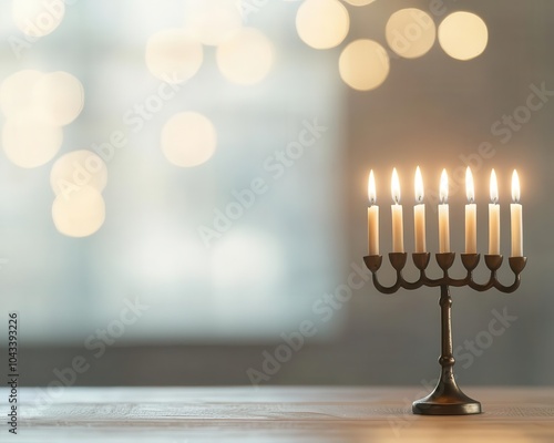 Hanukkah menorah with burning candles, soft bokeh background, symbolizing light and celebration. photo