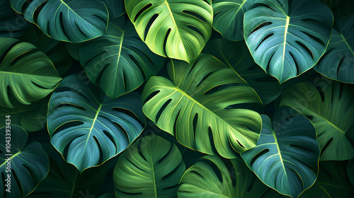 Wallpaper Mural Tropical Leaf Seamless Pattern. Line Art Style. with green background Torontodigital.ca