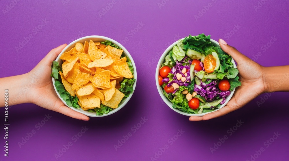 Hands holding a salad bowl and chips, isolated on a purple background, depicting the concept of healthy eating versus fast food. Hands holding a salad bowl and chips, isolated on a purple background, depicting the concept of healthy eating versus fast food.