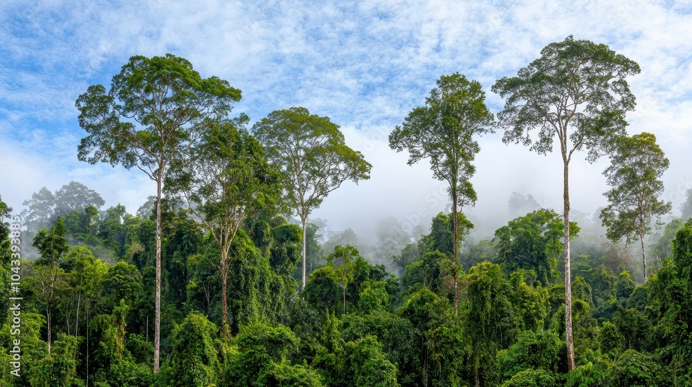 Fototapeta premium Aerial view of a rainforest canopy, lush and green, with fog drifting between the treetops, representing Earths vital ecosystems