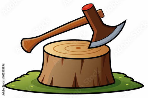 Sharp axe on stump tree illustration