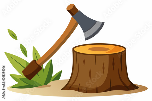 Lumberjack Axe with wooden handle stuck in tree