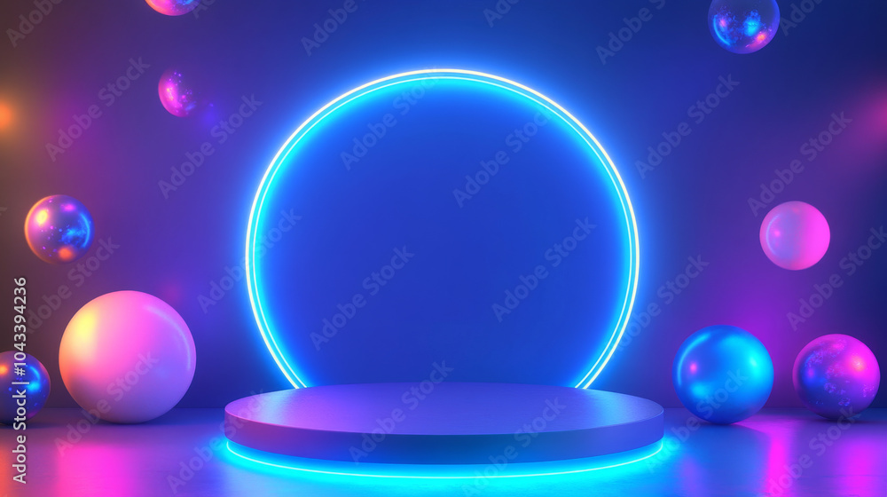 A modern, blue backdrop with a round podium, glowing neon lights, and colorful orbs. This scene is perfect for showcasing products in a stylish, minimalist way. A modern, blue backdrop with a round podium, glowing neon lights, and colorful orbs. This scene is perfect for showcasing products in a stylish, minimalist way.