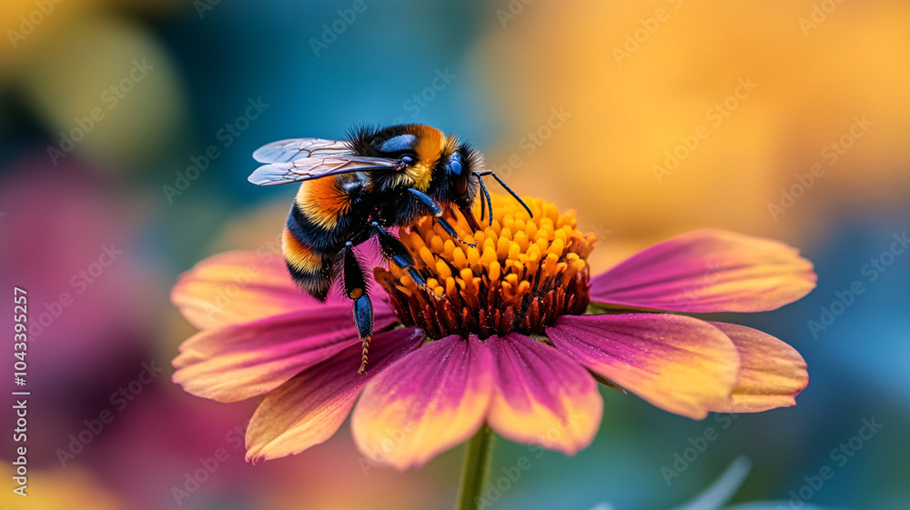 Close-up of a bee pollinating a flower, soft blurred garden background with plenty of space for copy. Close-up of a bee pollinating a flower, soft blurred garden background with plenty of space for copy.