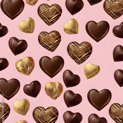 Watercolor seamless pattern of chocolate hearts in gold wrappers on a light pink background.