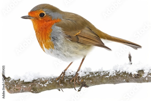 Solitary robin with a bright red breast perches on a snow-dusted branch isolated on a white background photo