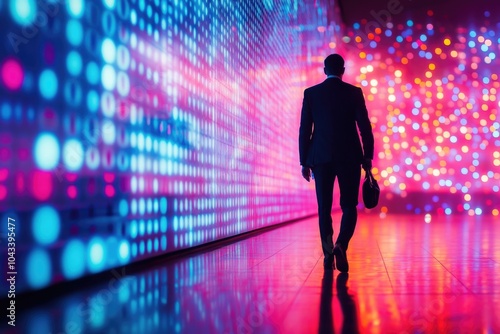 A businessman walks through a well-lit office space, possibly heading to a meeting or conference