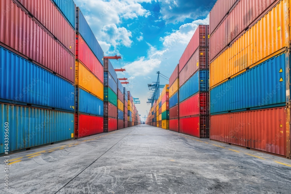 Fototapeta premium A row of vibrant shipping containers stored in a modern warehouse