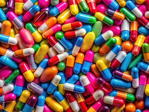 Microscopic view of colorful capsules, a vibrant, seamless pattern.