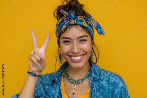 A woman wearing a bandana on her head makes a peace sign, conveying a message of harmony and unity photo