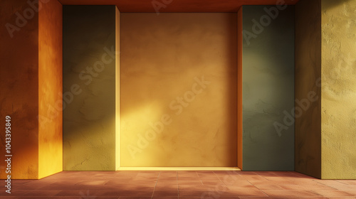 Fototapeta Naklejka Na Ścianę i Meble -  Modern terracotta, mustard yellow and olive green minimalistic interior background wall mockup 3d render