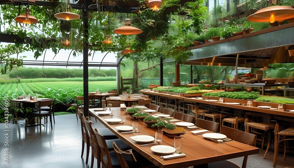 Fototapeta premium A tranquil dining experience surrounded by lush greenery discover the perfect blend of nature and culinary artistry in an eco-friendly restaurant setting