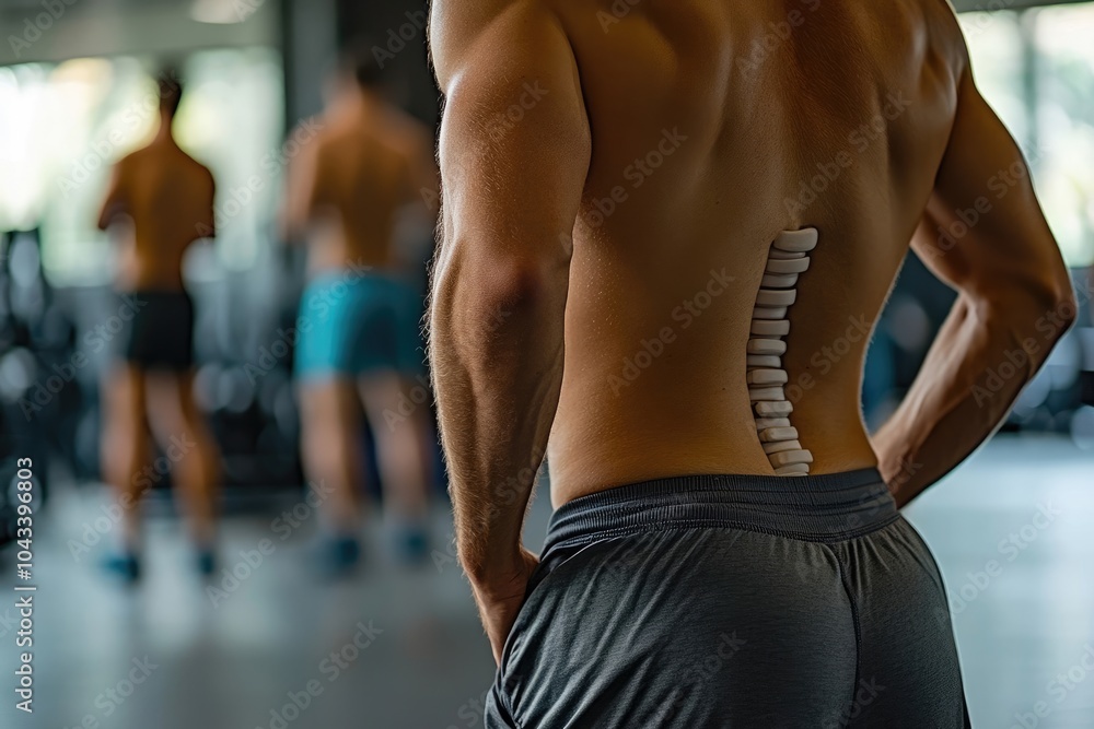 Detail of Lower Spine Discomfort in a Man at the Gym, Surrounded by Blurred Fitness Enthusiasts Detail of Lower Spine Discomfort in a Man at the Gym, Surrounded by Blurred Fitness Enthusiasts