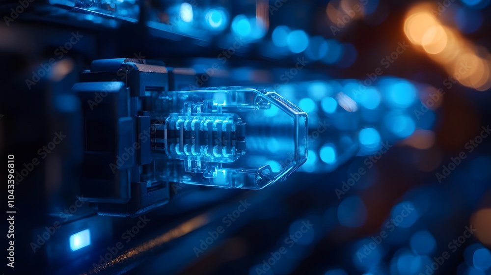 Blue ethernet cables plugged into network switch, glowing LED lights. Dark background with dramatic lighting creating high-tech atmosphere, macro photography. Blue ethernet cables plugged into network switch, glowing LED lights. Dark background with dramatic lighting creating high-tech atmosphere, macro photography.