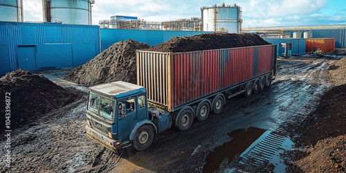 Large containers transporting sludge for processing in an industrial facility. These containers are designed for safe and efficient waste management and environmental processing systems.