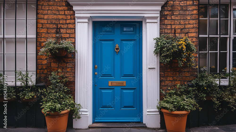 Fototapeta premium Bold Blue Front Door Surrounded by Potted Plants in a Welcoming Entryway