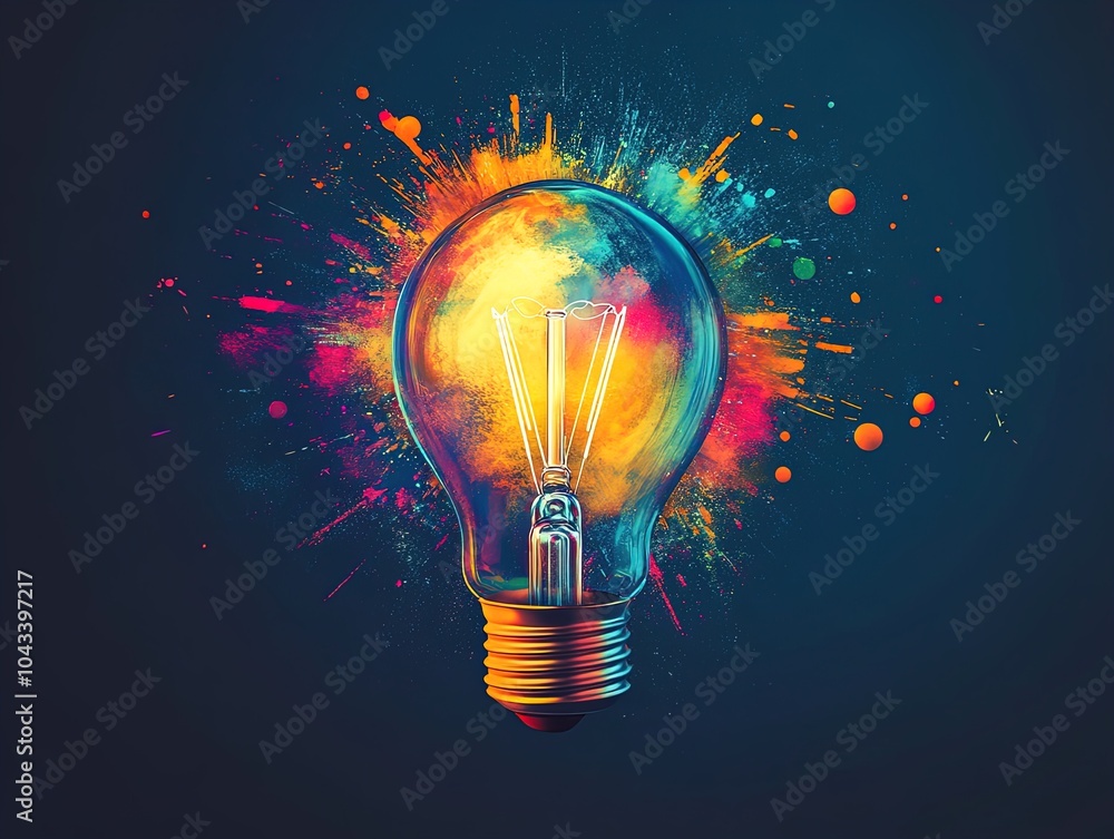 Illuminating Creativity: Classic Filament Light Bulb Surrounded by Colorful Particle Bursts - Perfect Poster for Artistic Spaces and Modern Interiors Illuminating Creativity: Classic Filament Light Bulb Surrounded by Colorful Particle Bursts - Perfect Poster for Artistic Spaces and Modern Interiors