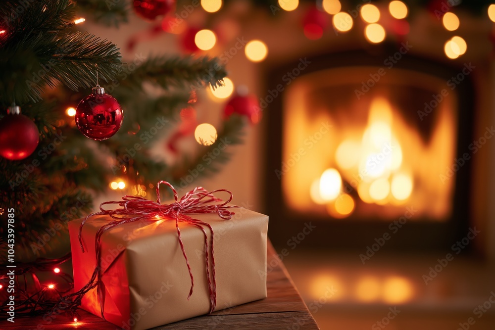 A brown box with a red ribbon sits on a table next to a fireplace. The scene is set in a cozy, warm atmosphere, perfect for the holiday season A brown box with a red ribbon sits on a table next to a fireplace. The scene is set in a cozy, warm atmosphere, perfect for the holiday season
