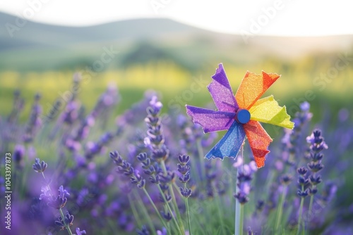 Colorful pinwheel spinning in a bright purple lavender field, perfect for summer or spring themed images