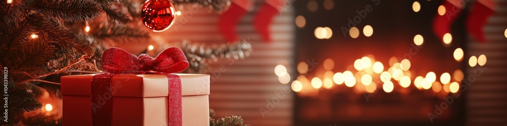 A white box with a red ribbon sits on a Christmas tree. The box is decorated with glitter and is placed in front of a fireplace. The scene conveys a warm and festive atmosphere A white box with a red ribbon sits on a Christmas tree. The box is decorated with glitter and is placed in front of a fireplace. The scene conveys a warm and festive atmosphere