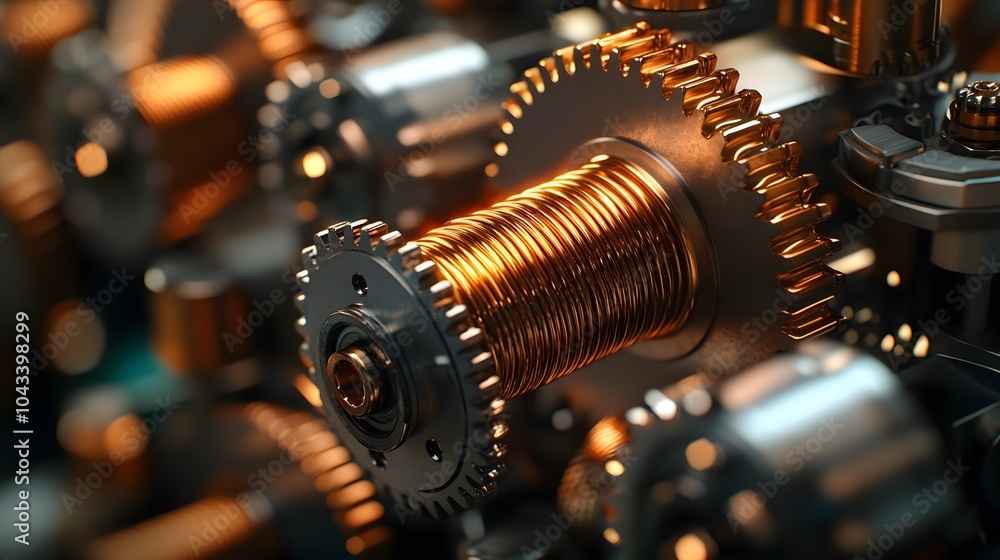 Intricate machinery gears and copper wire coils, detailed industrial equipment. Warm coppery tones contrast with metallic surfaces, dramatic lighting on textures. Intricate machinery gears and copper wire coils, detailed industrial equipment. Warm coppery tones contrast with metallic surfaces, dramatic lighting on textures.