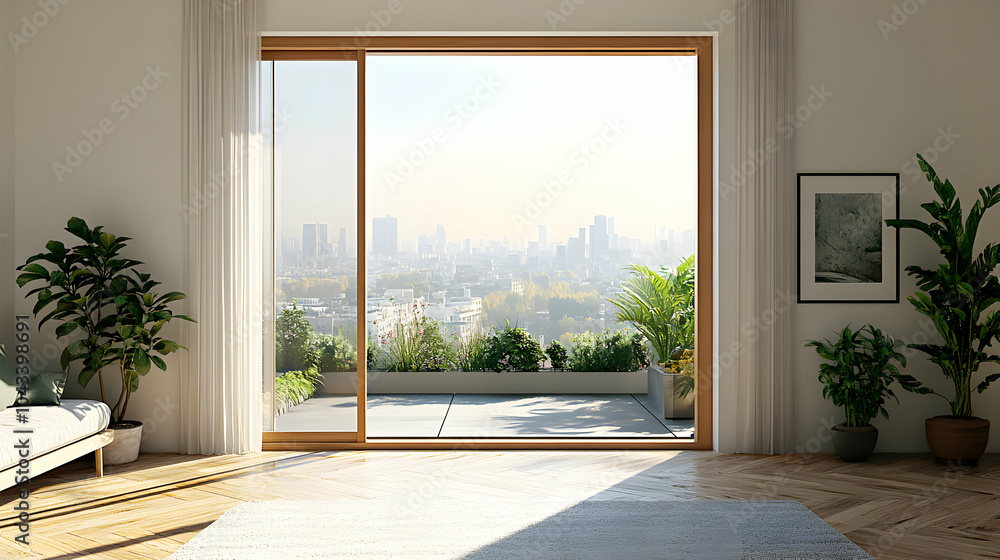 Fototapeta premium Modern Clean Sliding Glass Door Opening to a Rooftop Terrace with Scenic Views