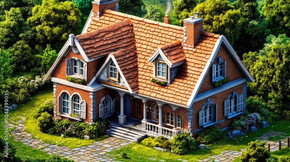 Cozy 3D country house with tiled roof and brick facade, surrounded by green gardens. Perfect illustration of nature and modern design Cozy 3D country house with tiled roof and brick facade, surrounded by green gardens. Perfect illustration of nature and modern design