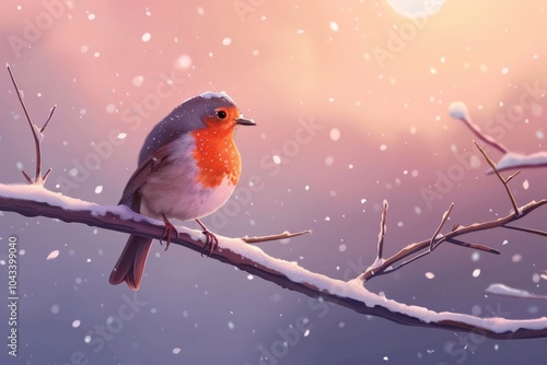 Snow-dusted branch supports a robin with a striking red breast set against a serene winter gradient photo