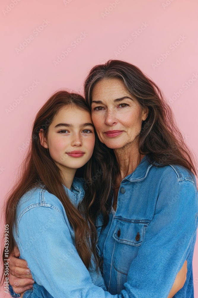 A heartwarming moment of a mother and daughter embracing on a bright pink background A heartwarming moment of a mother and daughter embracing on a bright pink background