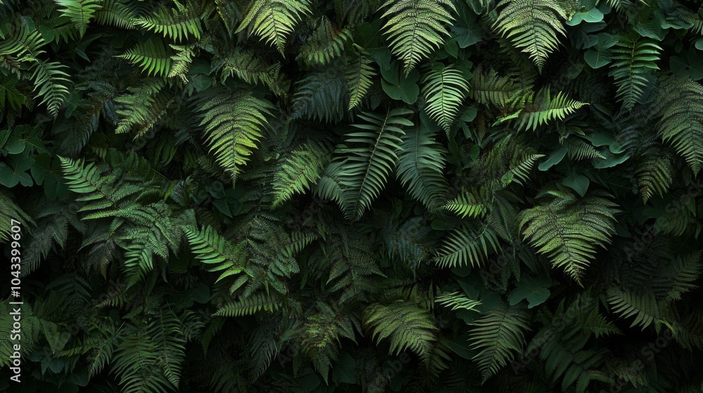 Dense arrangement of dark green ferns with intricate leaf patterns covering the entire frame, minimal light, rich shadows, natural forest setting Dense arrangement of dark green ferns with intricate leaf patterns covering the entire frame, minimal light, rich shadows, natural forest setting
