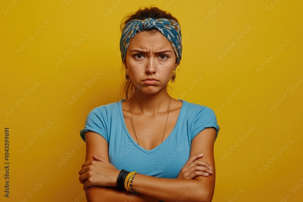 A woman wearing a blue shirt and matching headband, possibly for exercise or casual wear A woman wearing a blue shirt and matching headband, possibly for exercise or casual wear