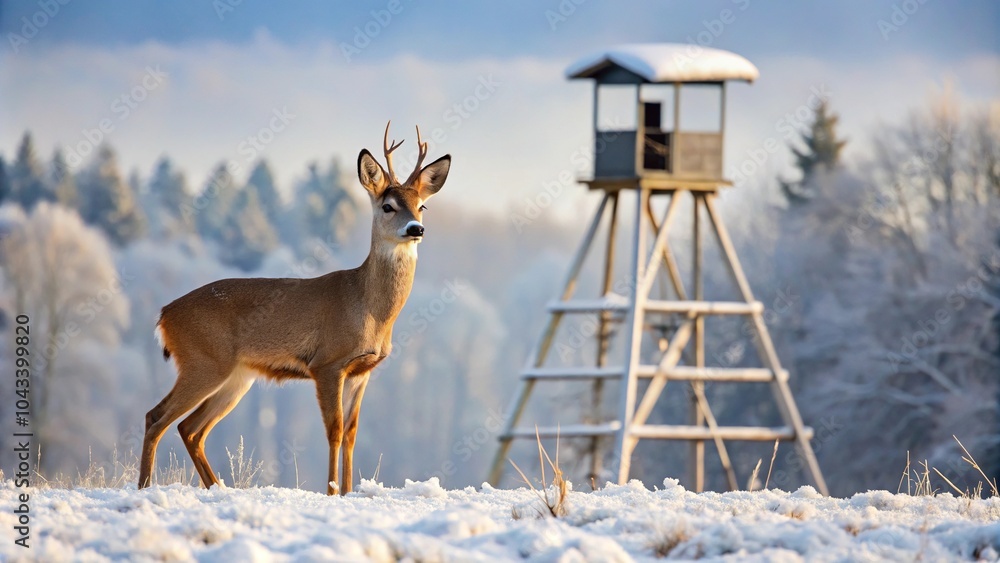 Fototapeta premium Roe deer in winter with hunting tower in the background